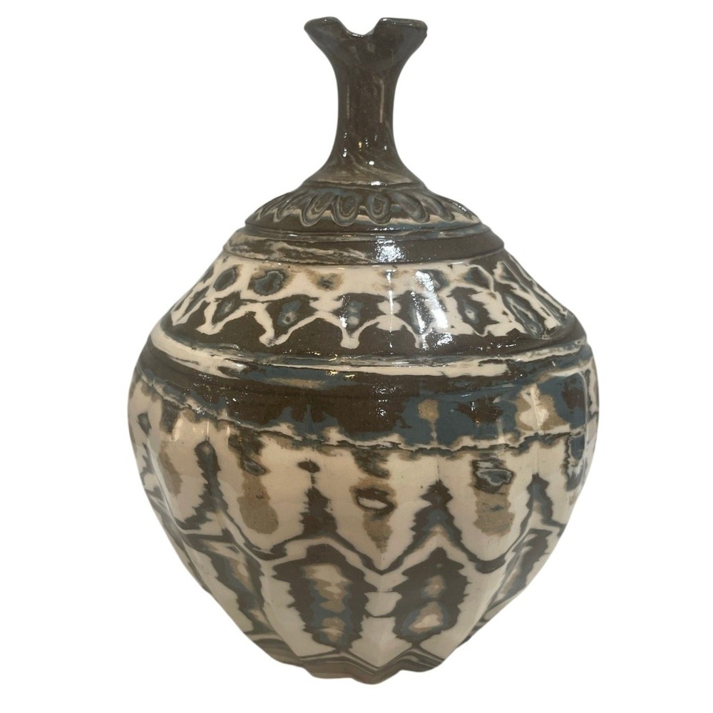 Hand Thrown Carved Agateware Pottery 8.25" Vase Blue Brown Cream Clay 107